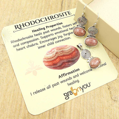 Pure Silver Natural Oval Rhodochrosite Spiral Jewellery Set | Free Silver Chain