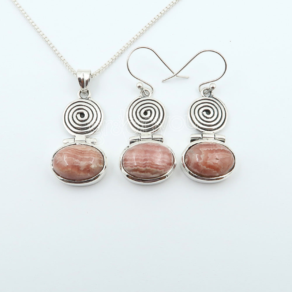 Pure Silver Natural Oval Rhodochrosite Spiral Jewellery Set | Free Silver Chain