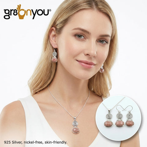 Schmuckset mit Spirale aus natürlichem ovalem RHODOCHROSIT aus reinem Silber | Kostenlose Silberkette