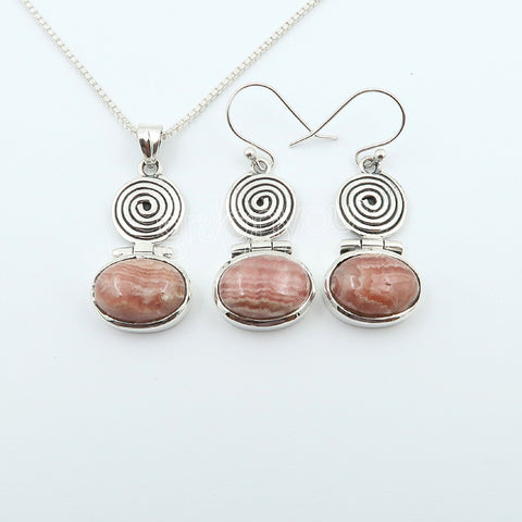 Pure Silver Natural Oval Rhodochrosite Spiral Jewellery Set | Free Silver Chain