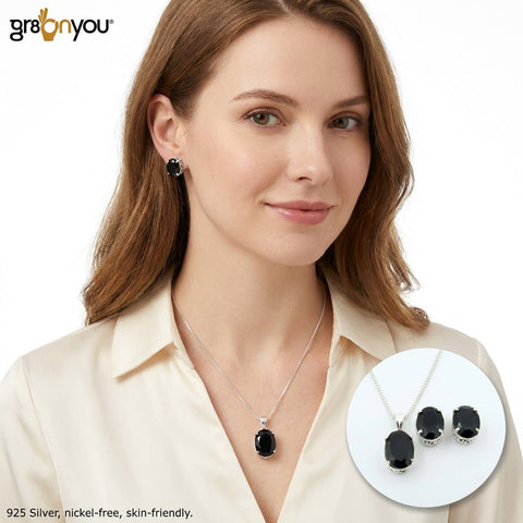 Premium 925 Silver AAA Grade BLACK ONYX Jewellery Set With Free Box Chain