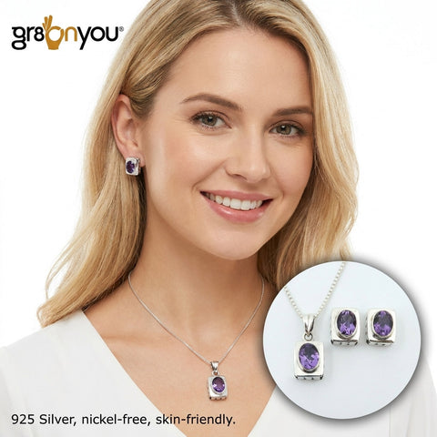 Hochwertiges AMETHYST-Set mit Ohrringen und Anhängern, Silber, Luxus-Geschenk für Sie
