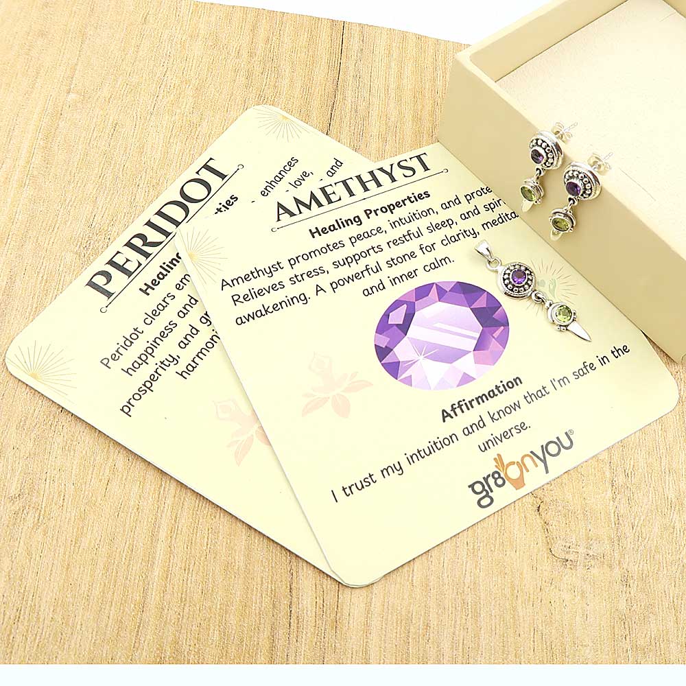 Pure  Silver Super Quality Round Amethyst, Peridot Jewellery Set | Best Seller Gifting