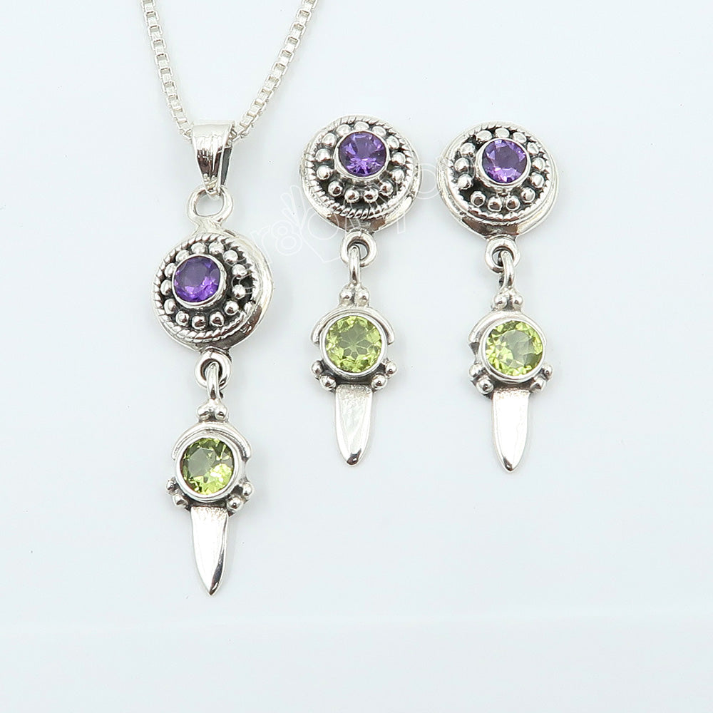 Pure  Silver Super Quality Round Amethyst, Peridot Jewellery Set | Best Seller Gifting