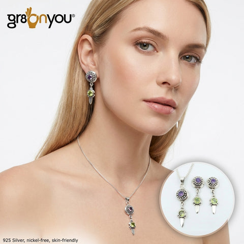Pure Silver Super Quality Round AMETHYST, PERIDOT Jewellery Set | Best Seller Gifting